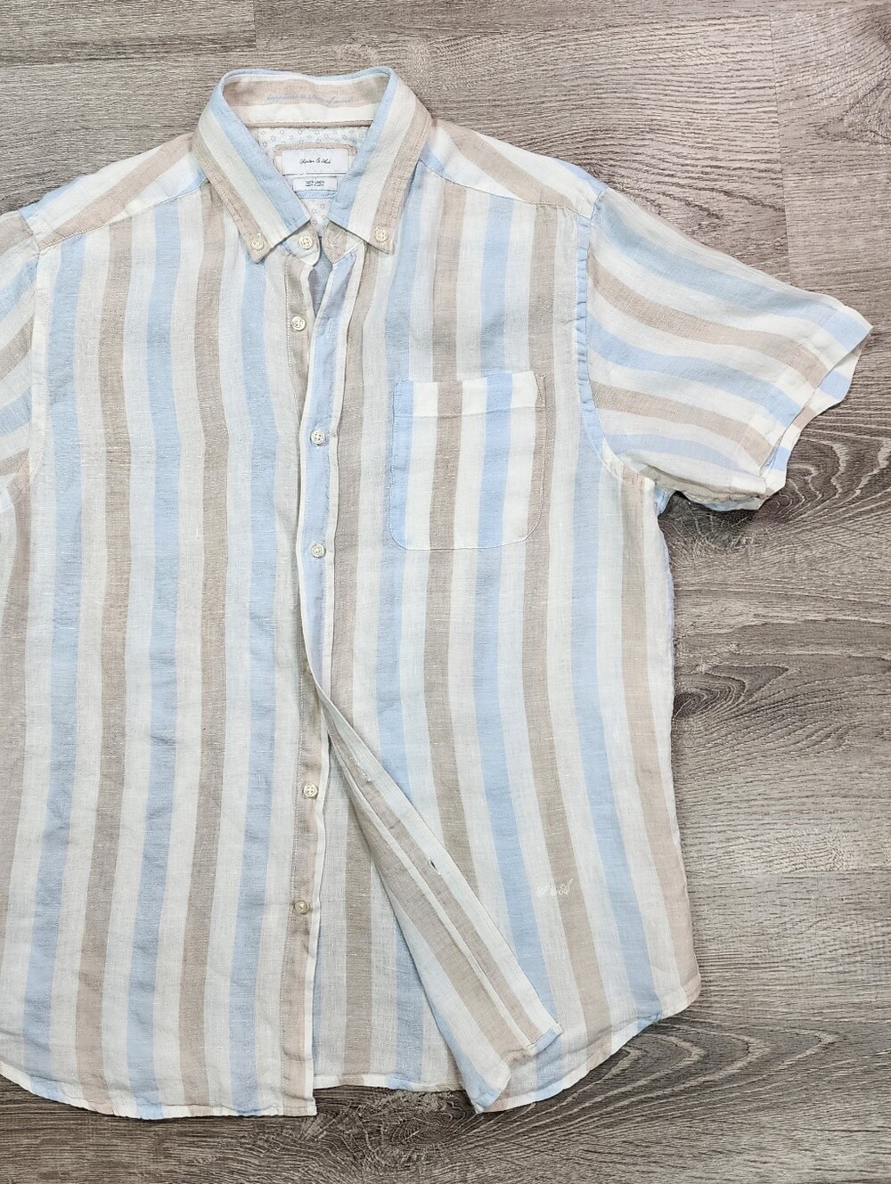 PORTER & ASH 100% Linen Striped Short Sleeve Button Down Shirt Men's Large